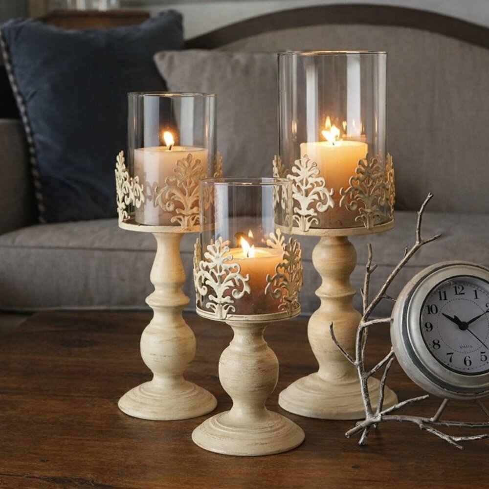 Distressed White Candle Holders for Pillar Candles Set of 3 Vintage Crown Candle